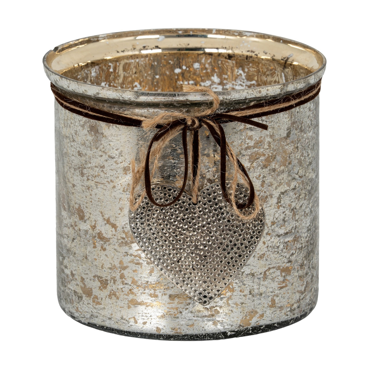 Hill Interiors Mercury Glass Heart Large Candle Holder with silvered mottled finish, jute and brown cord bow, and dimpled metal heart charm.
