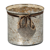 Hill Interiors Mercury Glass Heart Large Candle Holder with silvered mottled finish, jute and brown cord bow, and dimpled metal heart charm.