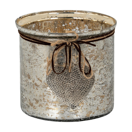Hill Interiors Mercury Glass Heart Large Candle Holder with silvered mottled finish, jute and brown cord bow, and dimpled metal heart charm.