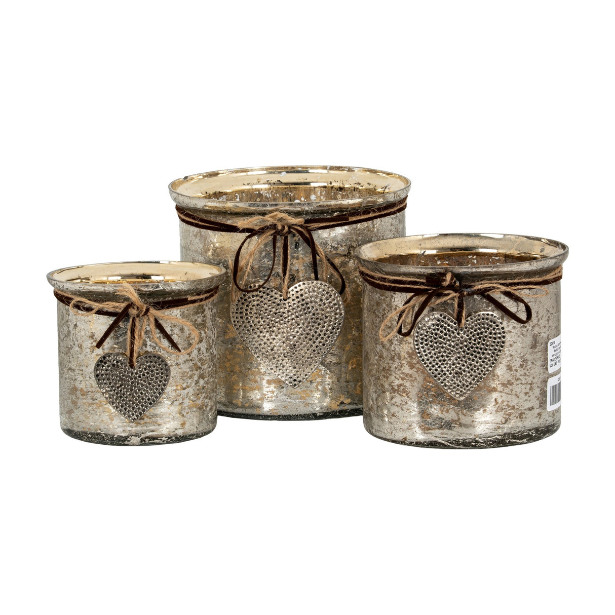 Hill Interiors Mercury Glass Heart candle holders in three sizes, each with mottled silvered finish, twine bows and hanging metal heart charms, on white.