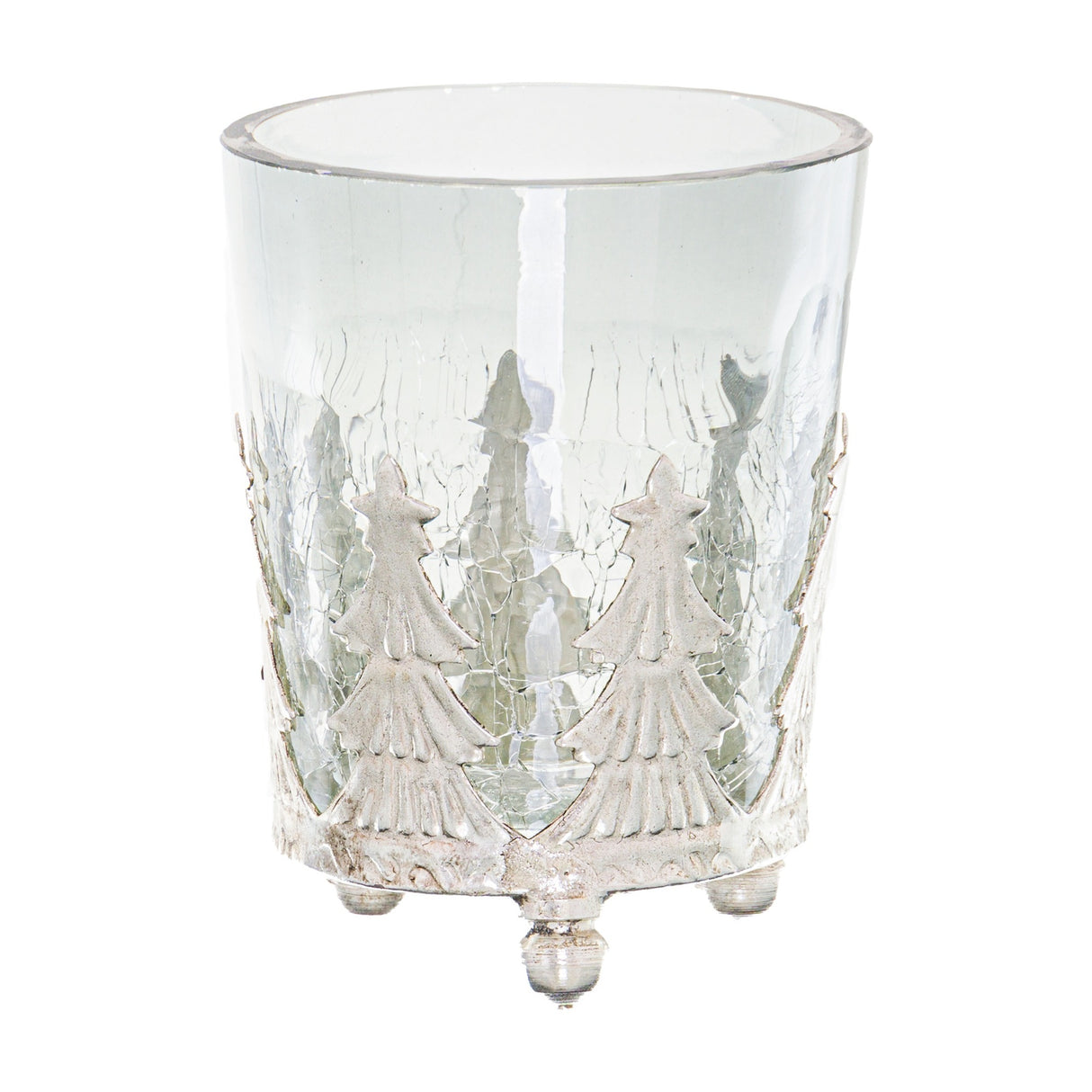Hill Interiors small crackled glass candle holder with silver-toned Christmas tree detailing around the base and three ball feet, shown on a white background.