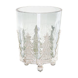 Hill Interiors small crackled glass candle holder with silver-toned Christmas tree detailing around the base and three ball feet, shown on a white background.