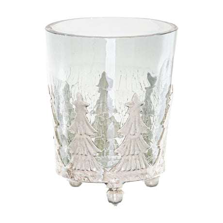 Hill Interiors small crackled glass candle holder with silver-toned Christmas tree detailing around the base and three ball feet, shown on a white background.