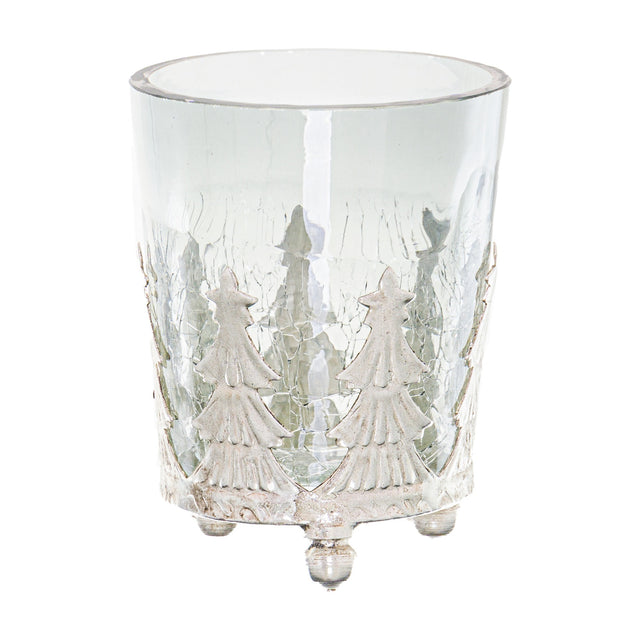 Hill Interiors small crackled glass candle holder with silver-toned Christmas tree detailing around the base and three ball feet, shown on a white background.