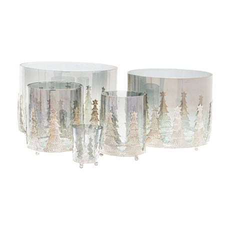 Hill Interiors Small Christmas Tree Crackled Glass Candle Holder shown with larger tree-shaped glass holders in a graduated set on a white background.