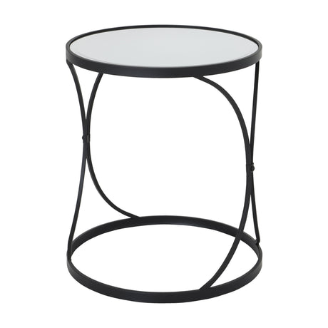 Hill Interiors black mirrored side table with round mirrored top and curved metal frame on a plain white background.
