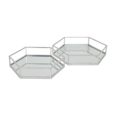Hill Interiors Hexagon Glass Serving Trays set of two in silver, with mirrored bases and raised rims, shown on a plain white background.