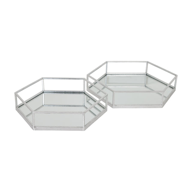Hill Interiors Hexagon Glass Serving Trays set of two in silver, with mirrored bases and raised rims, shown on a plain white background.