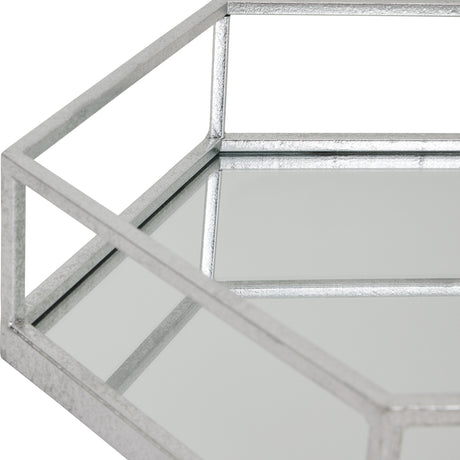 Close-up of Hill Interiors Hexagon Glass Serving Tray in silver, showing the angular six-sided frame and mirrored surface against a white background.
