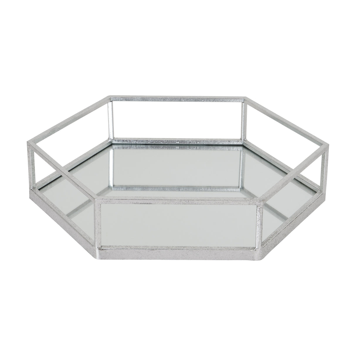 Hill Interiors Hexagon Glass Serving Tray in silver with mirrored base and raised rim, shown on a plain white background.