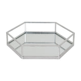 Hill Interiors Hexagon Glass Serving Tray in silver with mirrored base and raised rim, shown on a plain white background.
