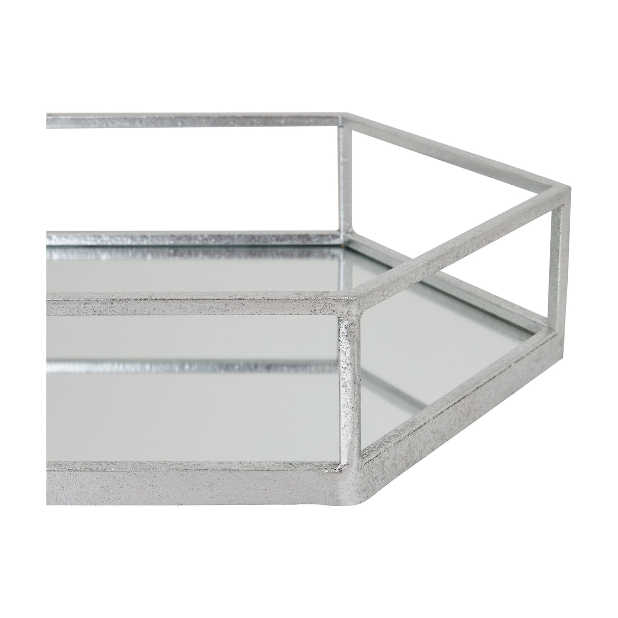 Hill Interiors Hexagon Glass Serving Tray in silver, close-up of the mirrored base and raised geometric rim on a white background.