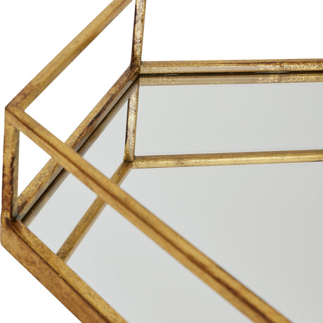 Close-up of Hill Interiors Hexagon Glass Tray in gold, showing the faceted six-sided metal frame with mirrored glass base and raised sides.