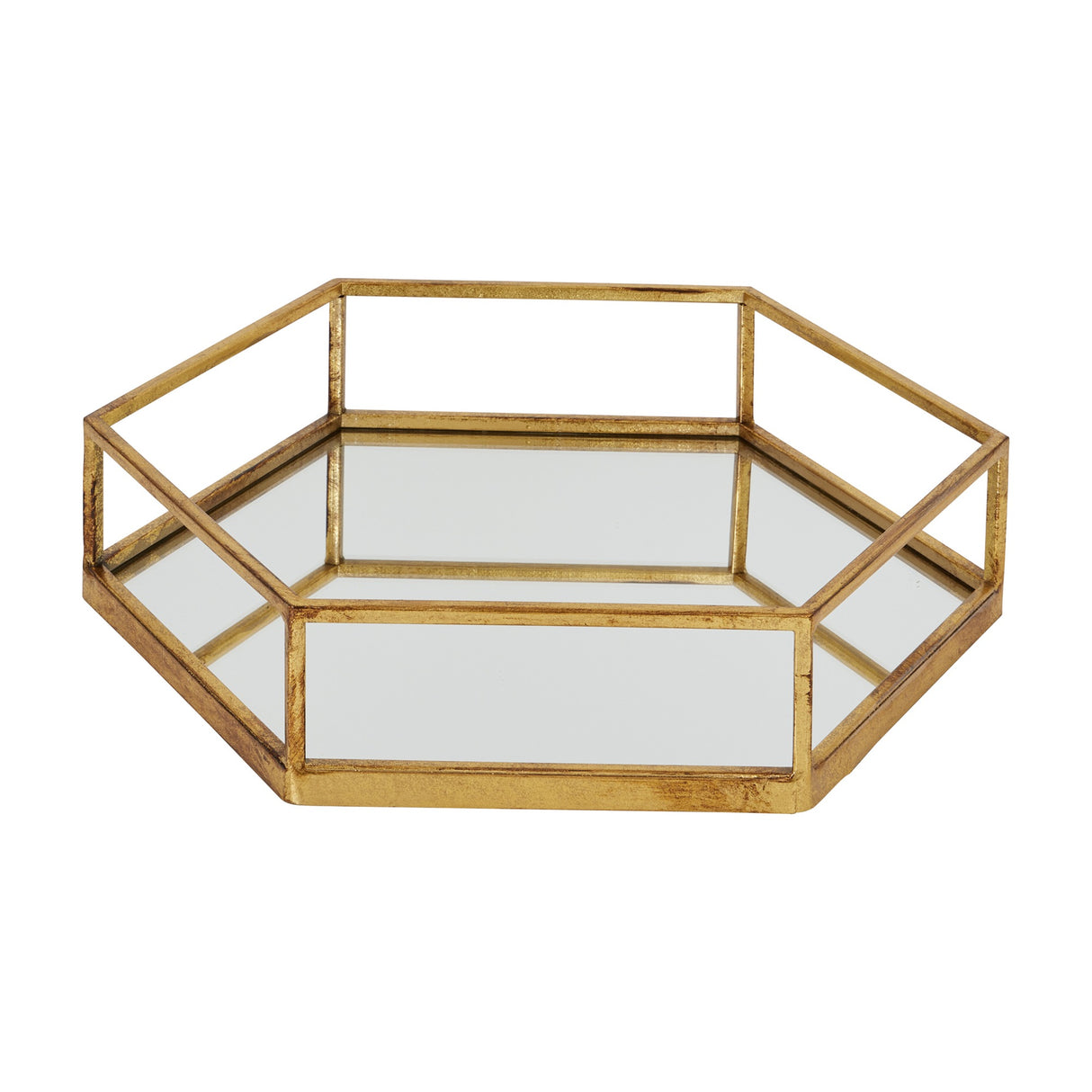 Hill Interiors Hexagon Glass Tray in gold, showing the shallow six-sided form with mirrored base and raised sides, on a plain white background.
