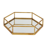 Hill Interiors Hexagon Glass Tray in gold, showing the shallow six-sided form with mirrored base and raised sides, on a plain white background.