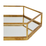 Close-up of Hill Interiors Hexagon Glass Tray in gold, showing the faceted six-sided metal frame and mirrored glass base against a white background.