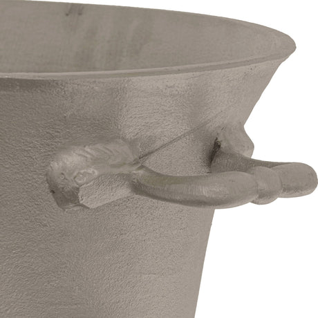 Close-up of the Hill Interiors Large Antique Pewter Champagne Cooler Tray in silver, showing the flared rim and ornate side handle against a white background.
