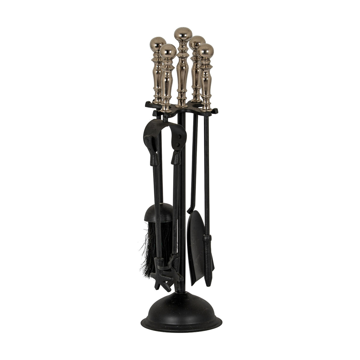 Hill Interiors Chrome Handled Companion Set in silver, with poker, brush, shovel and tongs on a black freestanding stand, shown on a white background.