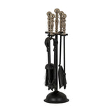 Hill Interiors Chrome Handled Companion Set in silver, with poker, brush, shovel and tongs on a black freestanding stand, shown on a white background.