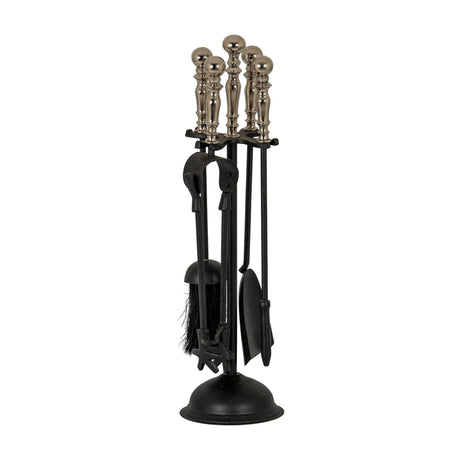 Hill Interiors Chrome Handled Companion Set in silver, with poker, brush, shovel and tongs on a black freestanding stand, shown on a white background.