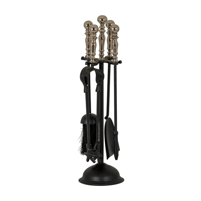 Hill Interiors Chrome Handled Companion Set in silver, with poker, brush, shovel and tongs on a black freestanding stand, shown on a white background.