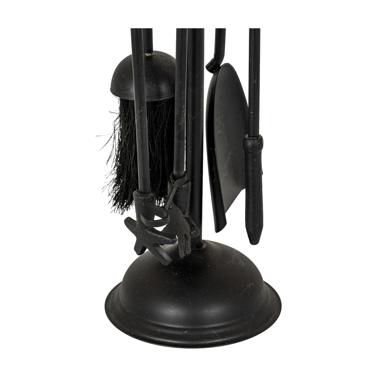 Hill Interiors Chrome Handled Companion Set in silver, close-up of poker, brush, shovel and tongs on a domed freestanding stand.