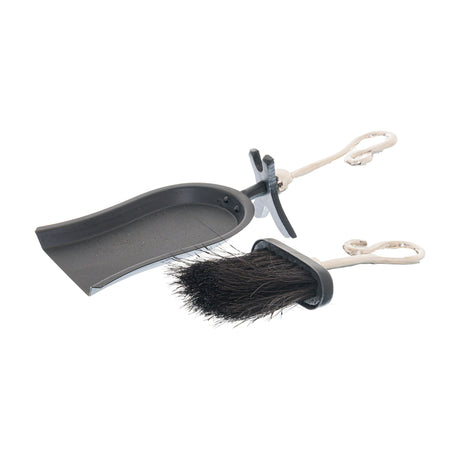 Hill Interiors Chrome Crook Handled Hearth Tidy in silver, with black metal dustpan and bristle brush featuring curved chrome handles, on a white background.