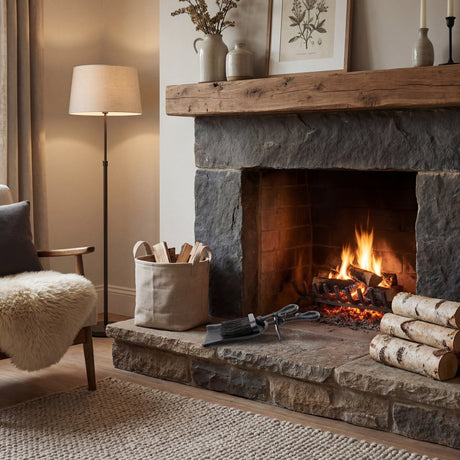 Hill Interiors black metal crook handled hearth tidy resting on a rustic stone fireplace hearth beside a lit fire, log basket and birch logs.