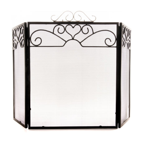Hill Interiors Chrome Topped Three Fold Fire Screen in silver, with black mesh panels and scrolled chrome detailing along the top rail, on a white background.