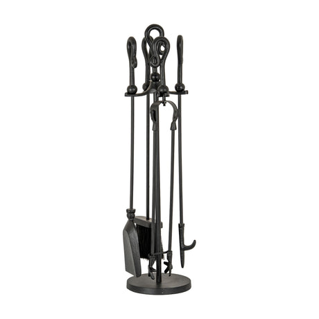 Hill Interiors Crook-Top Fireside Companion Set in black metal, with poker, tongs, brush and shovel on a freestanding round-base stand.