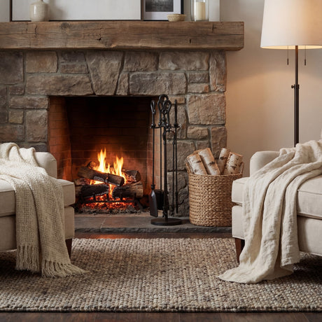 Hill Interiors Crook-Top Fireside Companion Set in black metal beside a stone fireplace, with poker, brush, shovel and tongs on a freestanding stand.