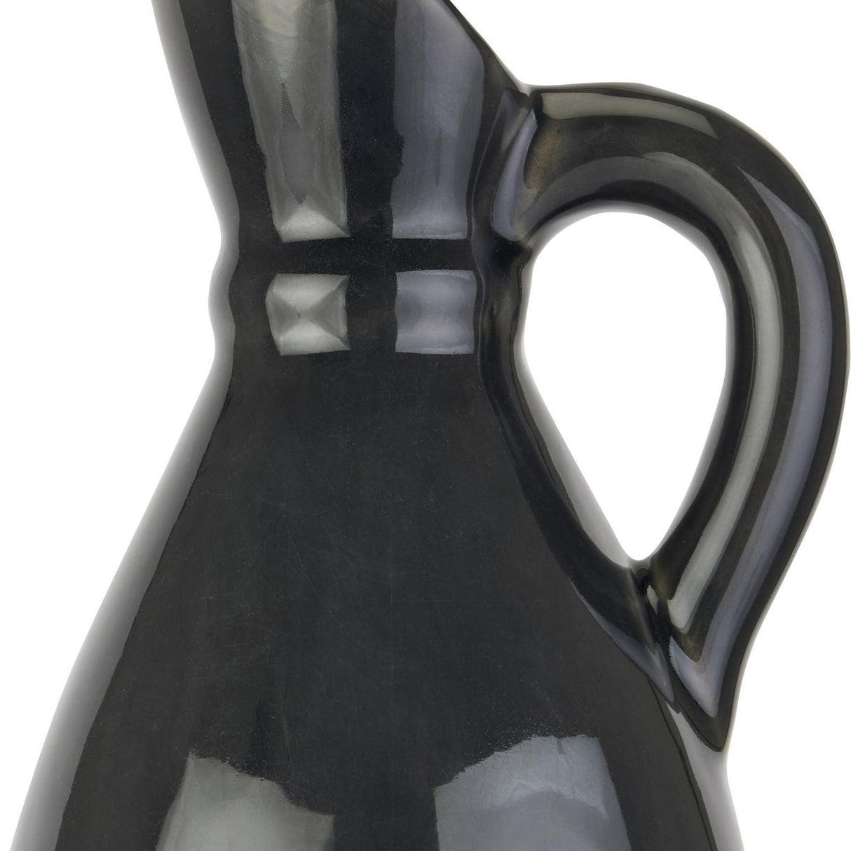 Close-up of Hill Interiors Decorative Tall Stoneware Jug in navy blue, showing the glossy ceramic glaze, slim neck and curved loop handle.