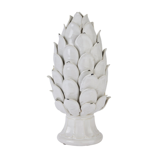 Hill Interiors Large Ceramic Artichoke Ornament in cream with layered sculpted leaves on a footed base, shown against a plain white background.