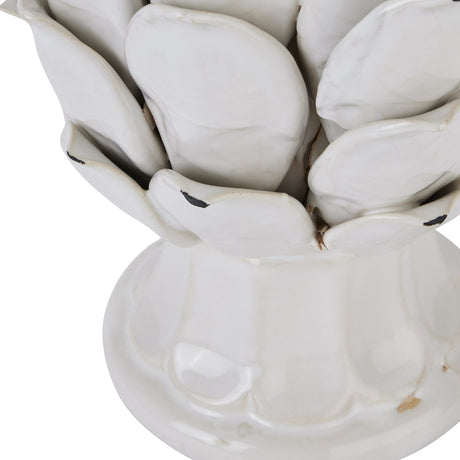 Close-up of Hill Interiors Large Ceramic Artichoke Ornament in cream, showing layered sculpted leaves with a soft glazed finish on a white background.