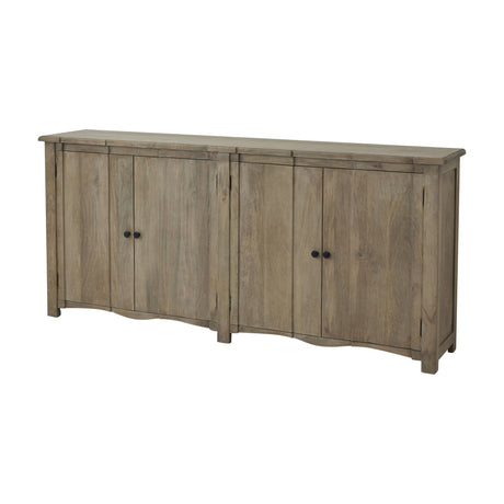 Hill Interiors Wooden Four-Door Sideboard in brown, an extra-wide cabinet with natural grain, black knob handles and shaped base, on a white background.