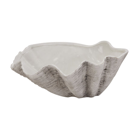 Hill Interiors Large Ceramic Shell Bowl Planter in white, shaped like a scallop with ridged grey-toned sides and glossy interior, on a plain background.