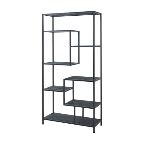 Hill Interiors large black metal storage unit with a tall open framework of staggered rectangular shelves in matte black, on a white background.