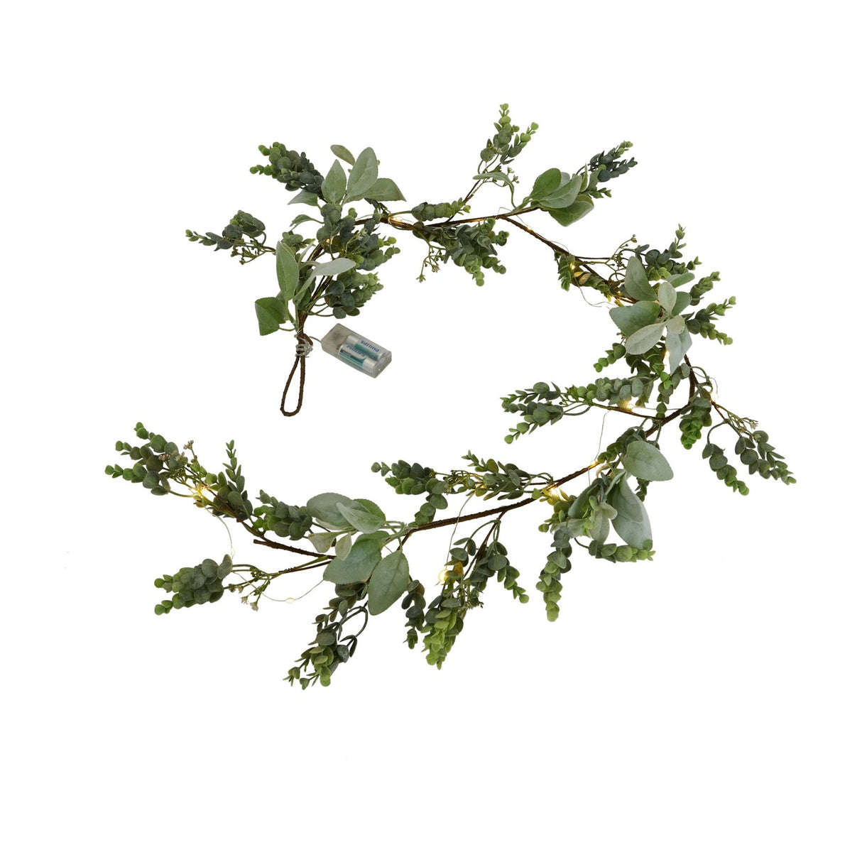 Hill Interiors LED winter garland with faux eucalyptus and lamb's ear foliage, warm white lights and battery pack, shown coiled on a white background.