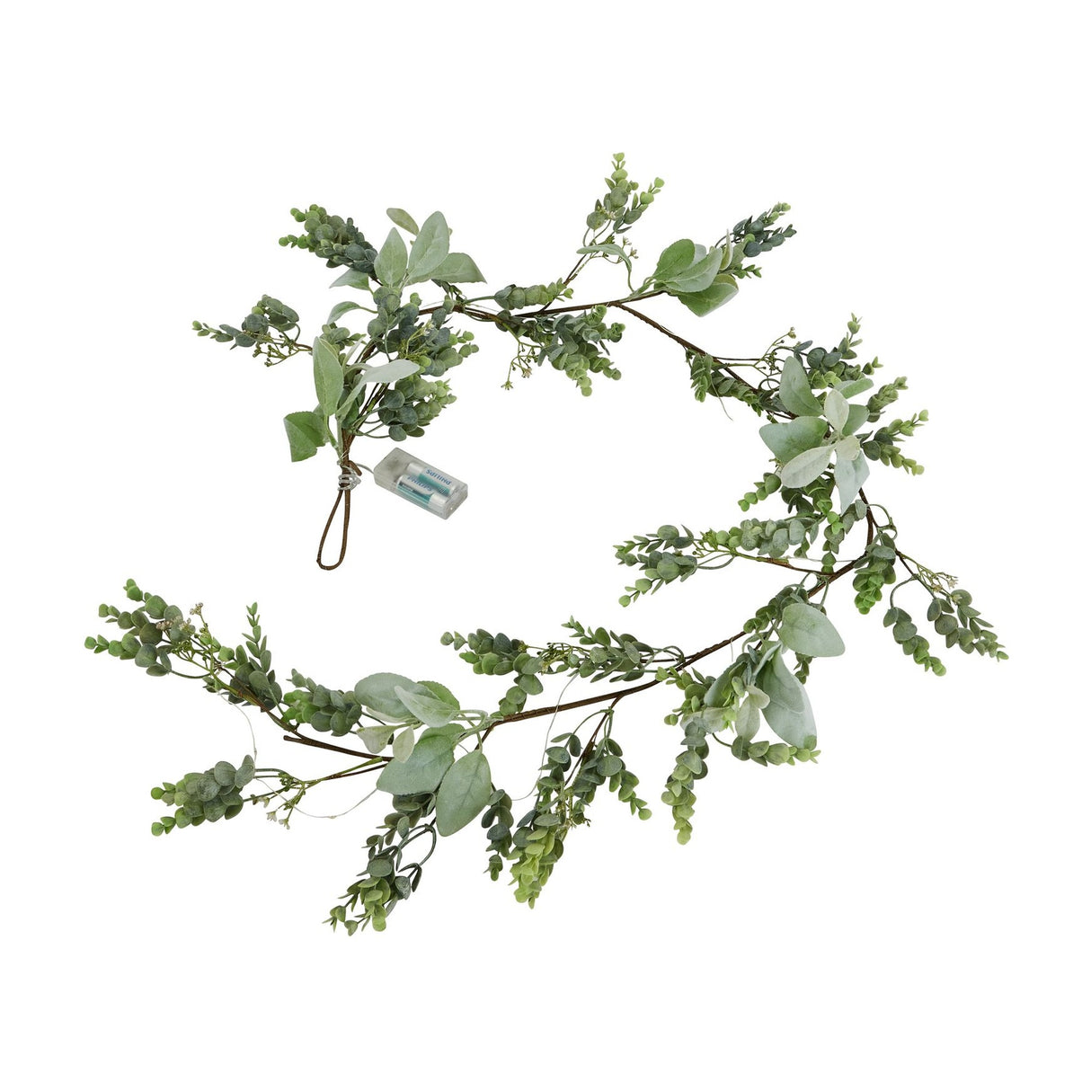 Hill Interiors LED winter garland with faux eucalyptus and lamb's ear foliage, coiled with battery pack visible, on a plain white background.