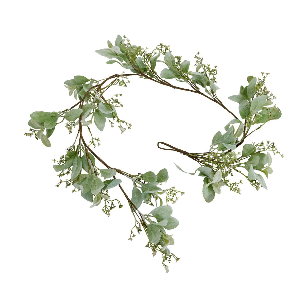 Hill Interiors Winter Garland with Lamb's Ear and Wax Flower in soft green, arranged in a loose curve on a plain white background.