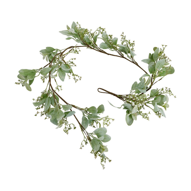 Hill Interiors Winter Garland with Lamb's Ear and Wax Flower in soft green, arranged in a loose curve on a plain white background.