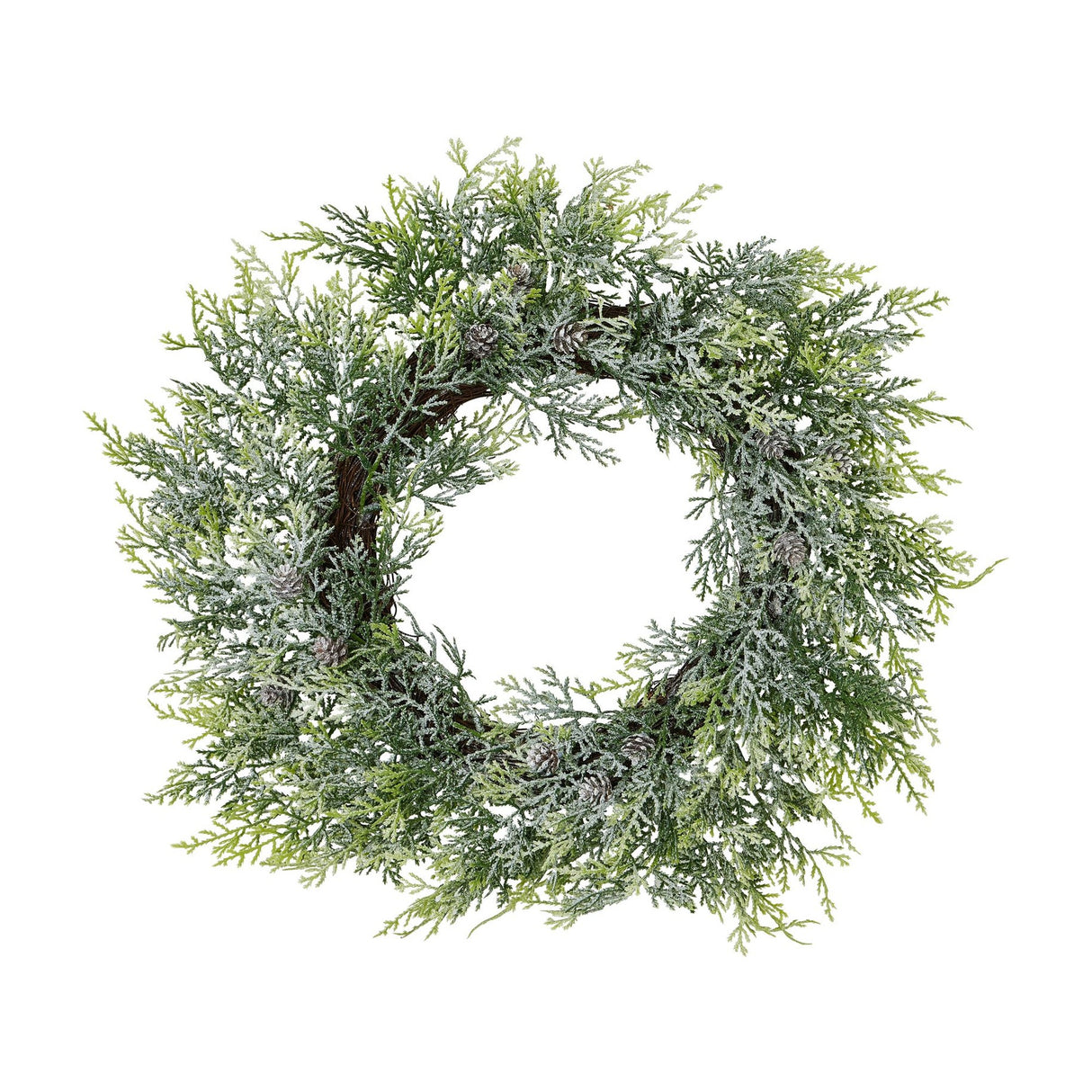 Hill Interiors Frosted Pine Wreath with Pinecones in white, a round faux plastic wreath with snow-dusted green branches and small cones, on a white background.