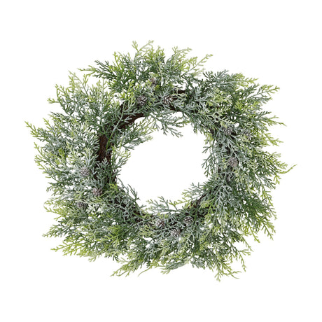 Hill Interiors Frosted Pine Wreath with Pinecones in white, a round faux plastic wreath with snow-dusted green branches and small cones, on a white background.