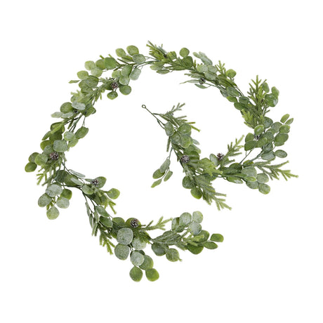 Hill Interiors Frosted Pine and Eucalyptus Garland in white, coiled faux foliage with rounded leaves, needled sprigs and small pinecones on a white background.