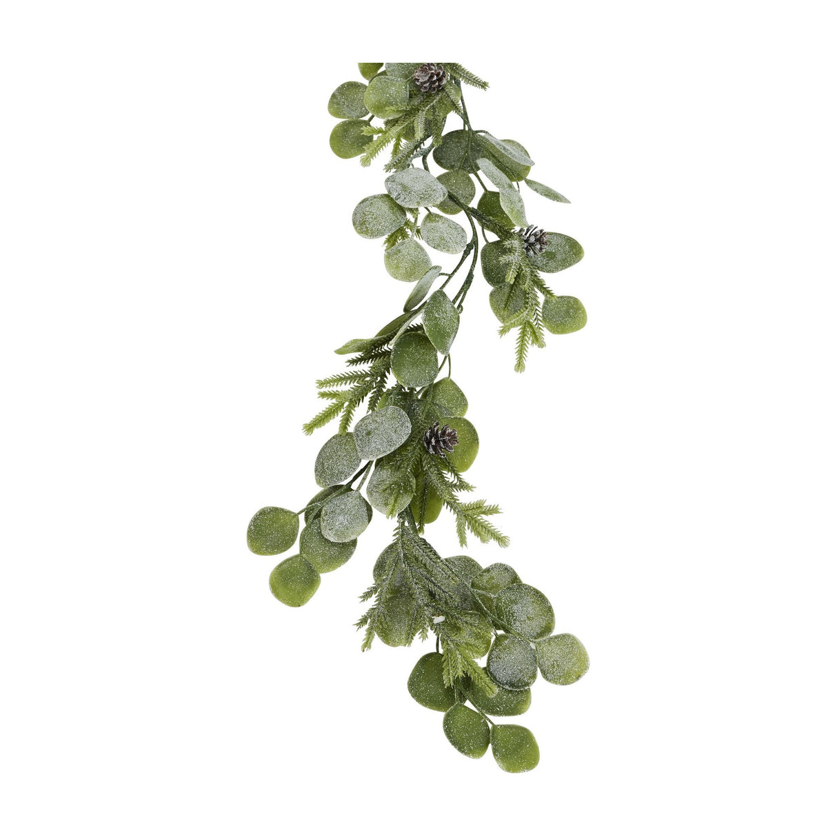 Hill Interiors Frosted Pine and Eucalyptus Garland in white, with rounded leaves, needled sprigs and small pinecones on a plain background.