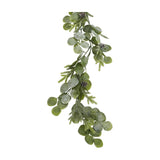 Hill Interiors Frosted Pine and Eucalyptus Garland in white, with rounded leaves, needled sprigs and small pinecones on a plain background.