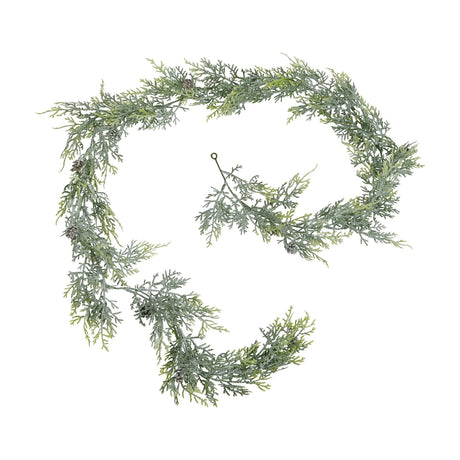 Hill Interiors Frosted Pine Garland with Pinecones in white, a long faux plastic evergreen garland with snow-dusted tips, shown on a white background.