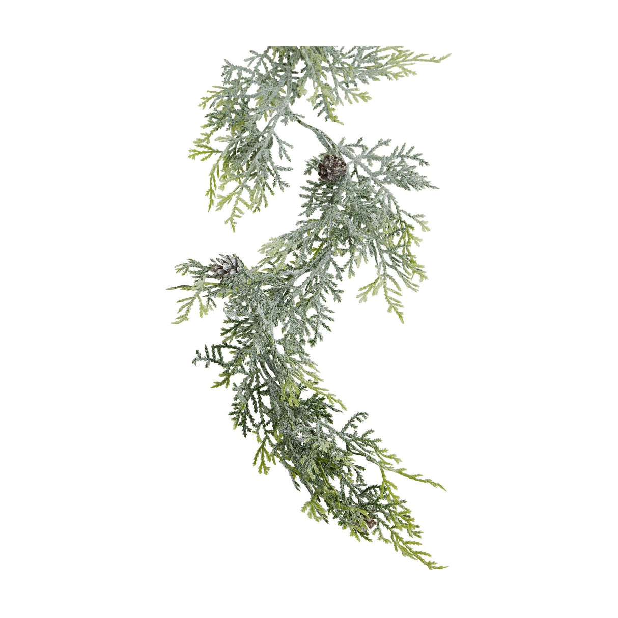 Hill Interiors Frosted Pine Garland with Pinecones in white, a faux plastic evergreen strand with snow-dusted branches and small cones, shown on white.