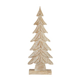 Hill Interiors Wood Christmas Tree in brown, a carved timber fir silhouette with layered branches on a rectangular base, shown against a white background.