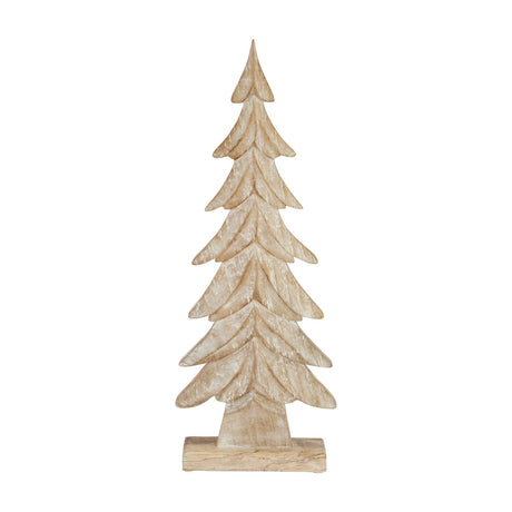 Hill Interiors Wood Christmas Tree in brown, a carved timber fir silhouette with layered branches on a rectangular base, shown against a white background.